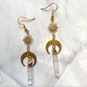 Raw Quartz Sun and Moon Crystal Hanging Earrings